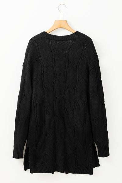 Black Ribbed Trim Eyelet Cable Knit Cardigan-Tops-MomFashion