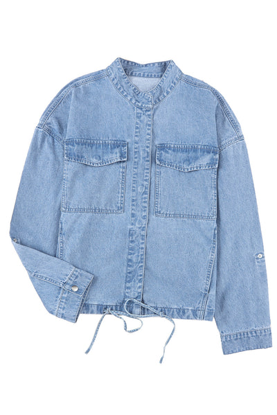 Sky Blue Roll-Up Tab Sleeve Button Down Pocket Denim Jacket-Outerwear-MomFashion