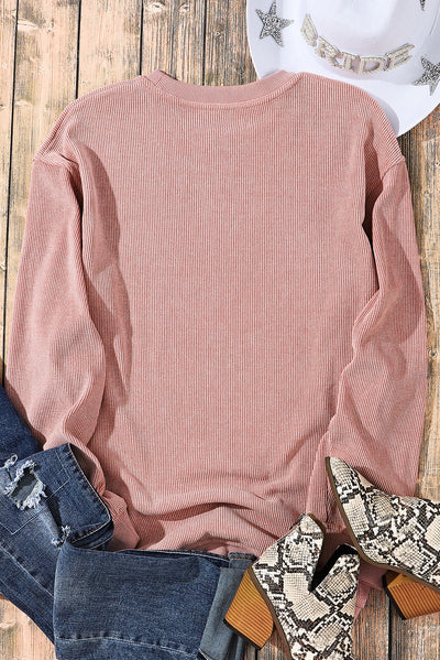 Pink Solid Ribbed Knit Round Neck Pullover Sweatshirt-Tops-MomFashion