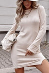 Apricot Tactile Texture Split Long Sleeve Knit Dress-Dresses-MomFashion