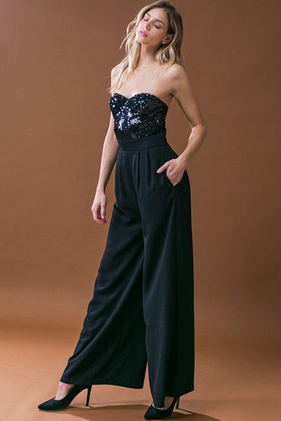 Black Sequin Tube Top Wide Leg Jumpsuit-Bottoms-MomFashion