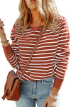 Red Striped Print Ribbed Trim Long Sleeve Top-Tops-MomFashion