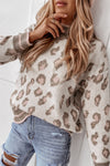 Brown Two-tone Ribbed Trim Contrast Leopard Sweater-Tops-MomFashion