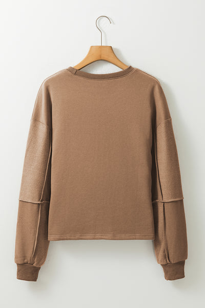 Coffee Solid Exposed Seam Pullover Sweatshirt-Tops-MomFashion