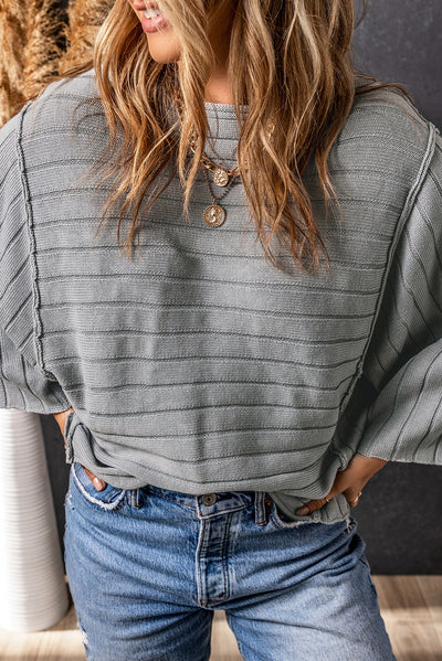 Gray Exposed Seam Ribbed Knit Dolman Top-Tops-MomFashion