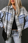 Sky Blue Plaid Patchwork Fringed Flap Pockets Denim Jacket-Outerwear-MomFashion