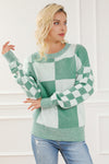 Mint Green Checkered Print Drop Shoulder Sweater-Tops-MomFashion