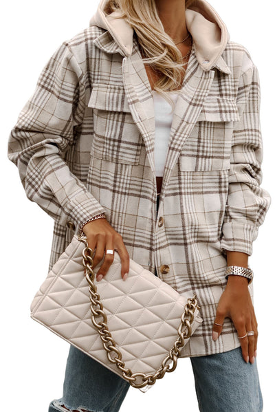 Khaki Plaid Removable Hood Buttoned Shacket-Outerwear-MomFashion