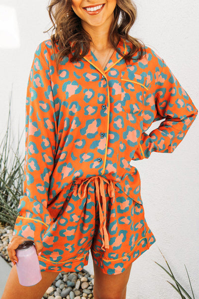 Orange Leopard Print Long Sleeve Shirt and Shorts Pajama Set-Loungewear & Sleepwear/Sleepwear-MomFashion