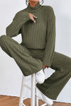 Jungle Green Ribbed Knit High Neck Loose Top and Pants Set-Loungewear-MomFashion