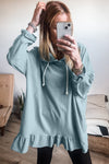 Iceland Blue Solid Ruffled Hem Loose Fit Tunic Hoodie-Tops/Sweatshirts & Hoodies-MomFashion