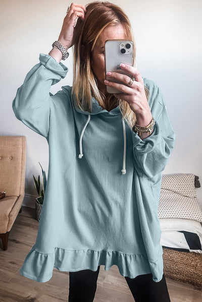 Iceland Blue Solid Ruffled Hem Loose Fit Tunic Hoodie-Tops/Sweatshirts & Hoodies-MomFashion