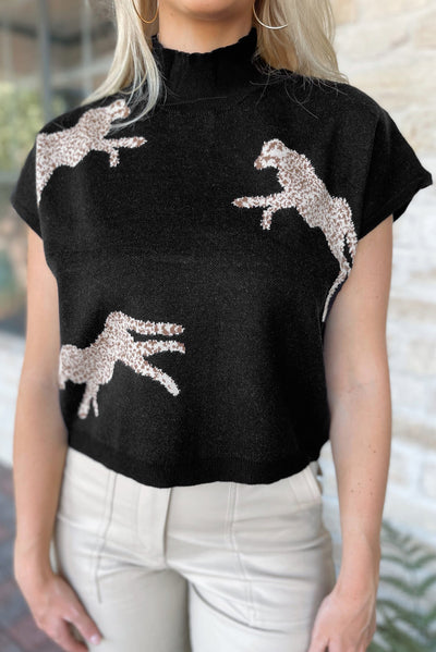 Black Lively Cheetah Pattern High Neck Short Sleeve Sweater-Tops-MomFashion