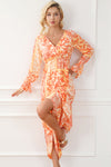 Orange Boho Floral Wrap V Neck Tie Long Sleeve Dress-Dresses-MomFashion