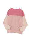 Pink Color Block Long Sleeve Ribbed Loose Top-Tops-MomFashion