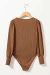 Brown Ribbed Balloon Sleeve Bodysuit-Tops-MomFashion