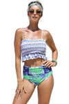 Blue Printed Smocked High waisted swimsuits-Swimwear-MomFashion