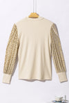 Apricot Leopard Print Long Sleeve Ribbed Knit Blouse-Tops-MomFashion