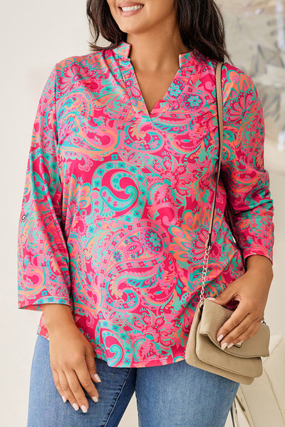 Rose Plus Size Paisley Print V Neck Roll Tab Sleeve Blouse-Plus Size-MomFashion