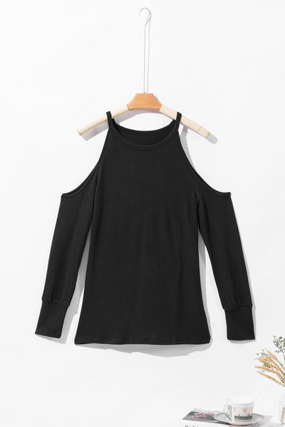 Black Marble Knit Cold Shoulder Long Sleeve Top-Tops-MomFashion