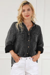 Black Mineral Wash Crinkle Textured Chest Pockets Shirt-Tops-MomFashion