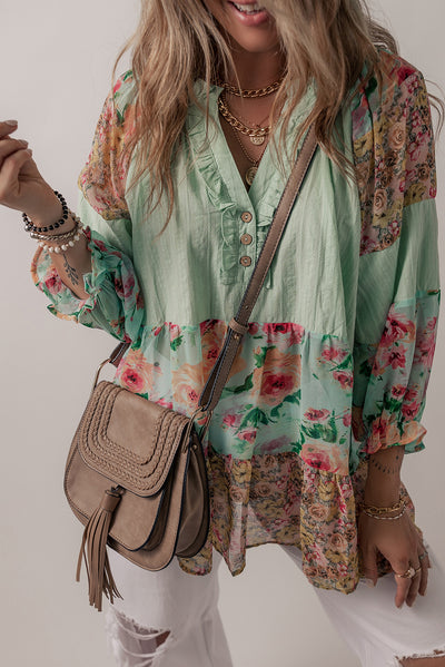 Green Printed Floral Patchwork Frilled Split Neck Blouse-Tops-MomFashion