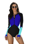 Blue Color Block Zipper Long Sleeve Rash Guard Swimwear-Swimwear-MomFashion