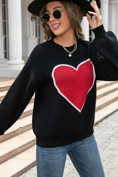 Black Heart Graphic Valentine Sweater-Tops-MomFashion