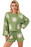 Green Flower Print Bubble Sleeve Knitted Sweater and Shorts Set-Loungewear-MomFashion