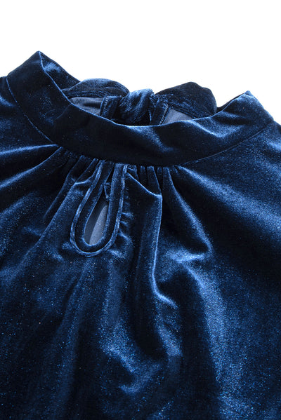 Navy Blue Mock Neck Puff Sleeve Velvet Blouse-Tops-MomFashion