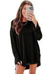 Black Waffle Knit High Slits Oversized Top-Tops-MomFashion