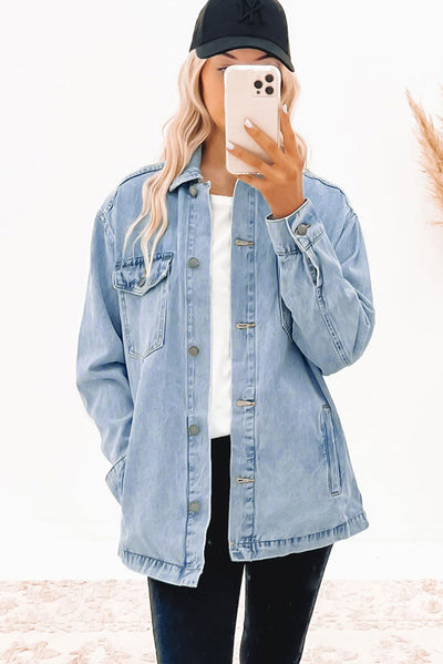 Sky Blue Acid Wash Flap Pocket Boyfriend Shacket-Outerwear-MomFashion