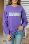 Purple MAMA Ribbed Crew Neck Pullover Sweatshirt-Tops-MomFashion