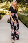 Black Contrast Floral Empire Waist Maxi Dress-Dresses-MomFashion