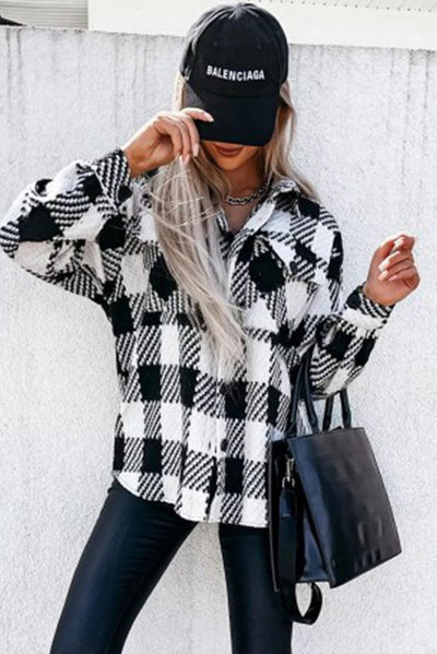 Black Plaid Textured Flap Pocket Shacket-Outerwear-MomFashion