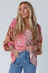 Pink Mixed Floral Printed Puff Sleeve V-Neck Shirt-Tops-MomFashion