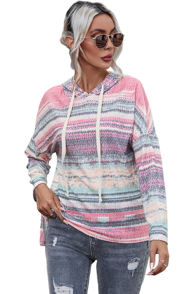 Multicolor Striped Print Cable Knit Drop Shoulder Hoodie-Tops-MomFashion