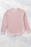 Pink Crew Neck Ribbed Trim Waffle Knit Top-Tops-MomFashion