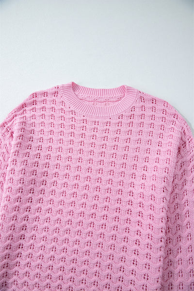 Pink Crochet Knit Drop Shoulder Sweater-Sweaters & Cardigans/Sweaters-MomFashion