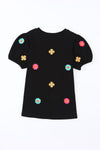 Black Embroidered Flower Short Puff Sleeve Tee-Tops-MomFashion