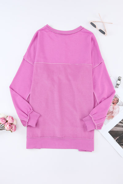 Purple Oversized Exposed Seam Henley Sweatshirt-Tops-MomFashion