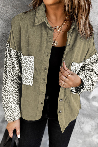 Contrast Leopard Denim Jacket-Outerwear-MomFashion