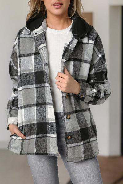 Gray Hooded Plaid Button Front Shacket-Outerwear-MomFashion