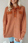 Brown Waffle Knit Button Contrast Trim Long Sleeve Top-Tops-MomFashion