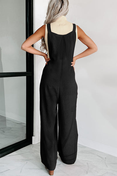 Black Textured Buttoned Straps Ruched Wide Leg Jumpsuit-Bottoms-MomFashion