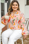 Orange Printed Floral Abstract Print Frilled V Neck Plus Size Blouse-Plus Size-MomFashion