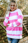 Pink Striped Side Slit Plus Size Sweatshirt-Plus Size-MomFashion