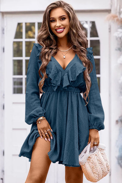 Blue Textured Ruffled V Neck High Waist Mini Dress-Dresses-MomFashion