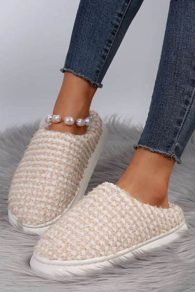 Pale Khaki Two-tone Knitted Warm Homewear Slippers-Shoes & Bags-MomFashion