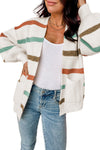 Beige Drop Shoulder Pocketed Stripe Sweater Cardigan-Tops-MomFashion